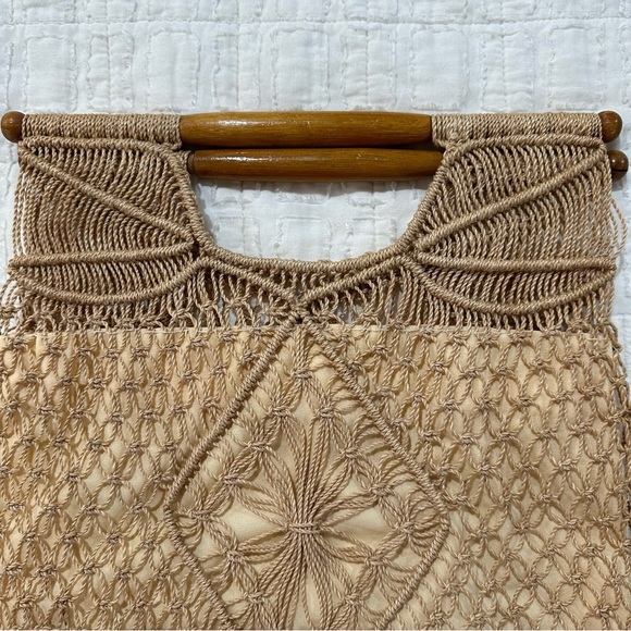 Vintage Handwoven Raffia Wooden Handle Bag - Picture 3 of 8